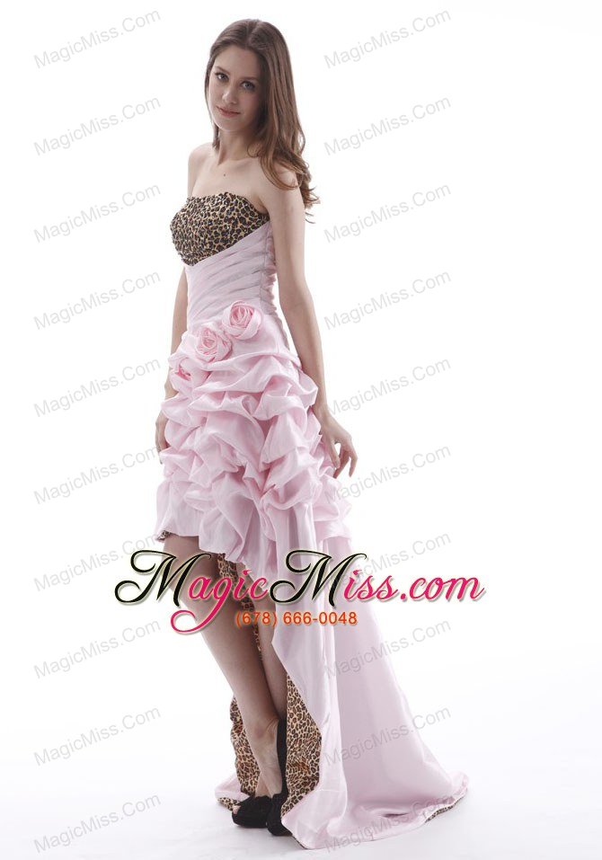wholesale high-low prom dress with hand made flowers and pick-ups baby pink leopard