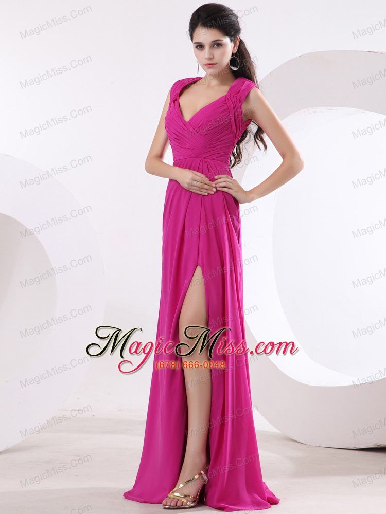 wholesale fuchsia and v-neck for high slit prom dress with ruch and brush train