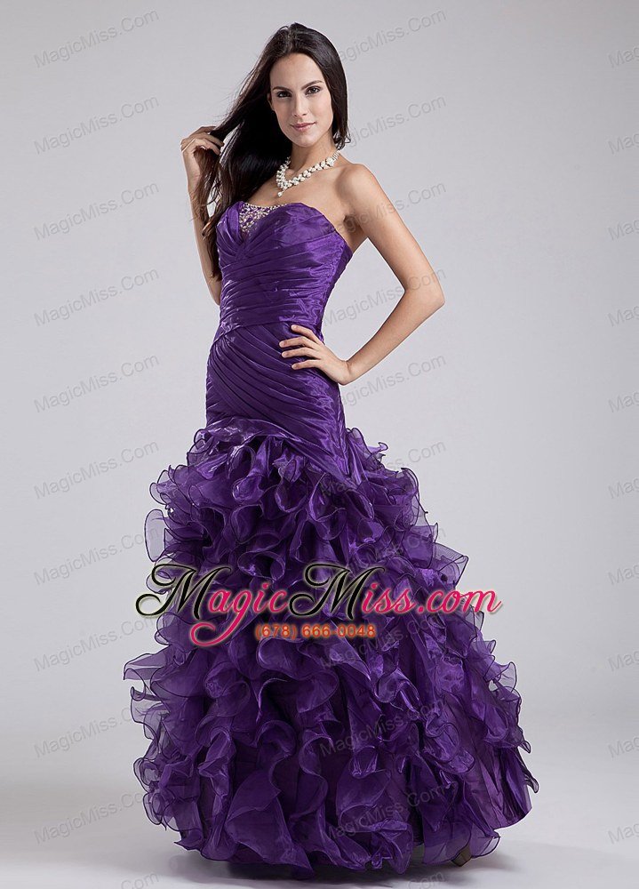 wholesale fashionable beading and ruffles organza strapless floor-length column prom dress purple