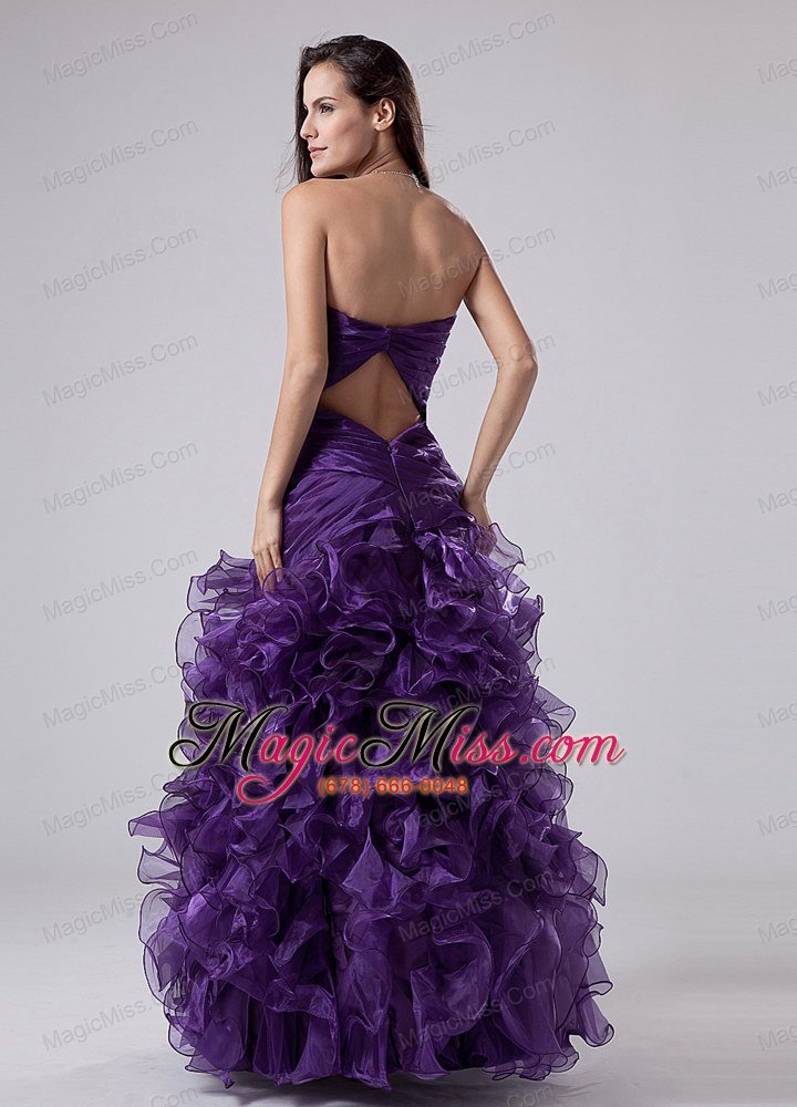 wholesale fashionable beading and ruffles organza strapless floor-length column prom dress purple