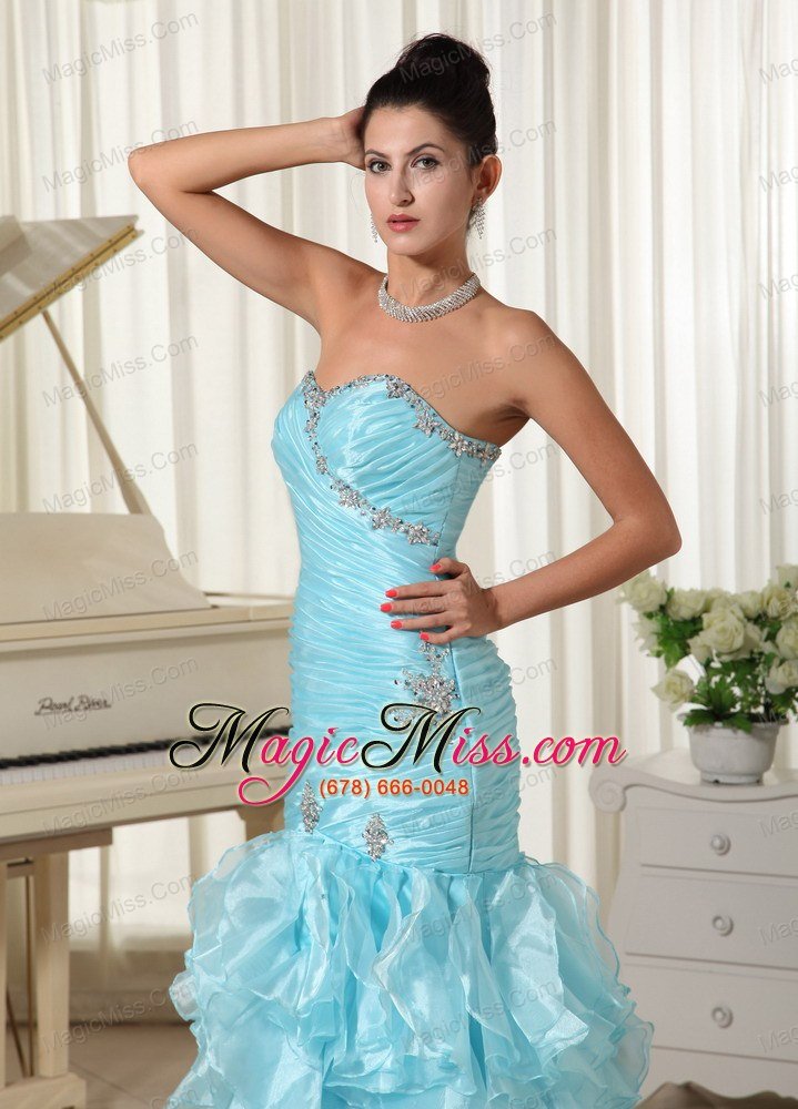 wholesale ruched bodice and ruffles 2013 mermaid baby blue prom dress sweetheart