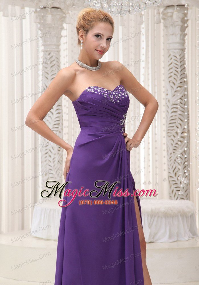 wholesale high slit beaded decorate sweetheart neckline chiffon for purple prom / evening 2013