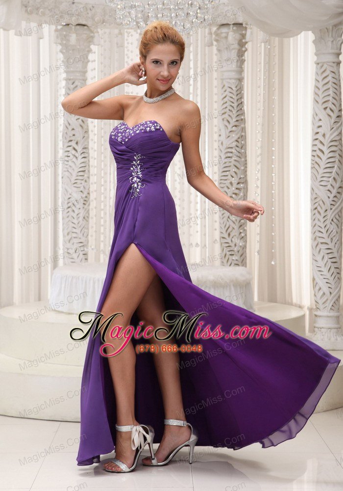 wholesale high slit beaded decorate sweetheart neckline chiffon for purple prom / evening 2013