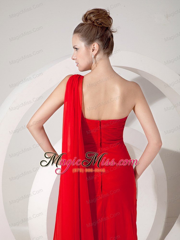 wholesale custom made red empire one shoulder prom / evening dress chiffon beading watteau train