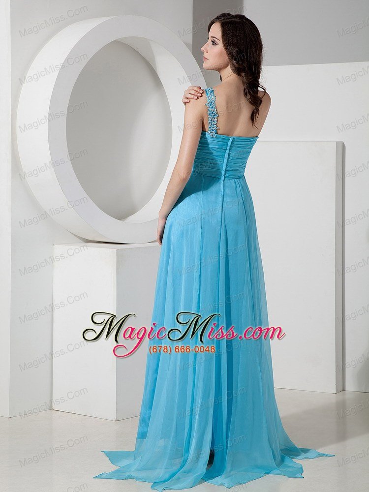 wholesale discount baby blue one shoulder prom dress chiffon beading