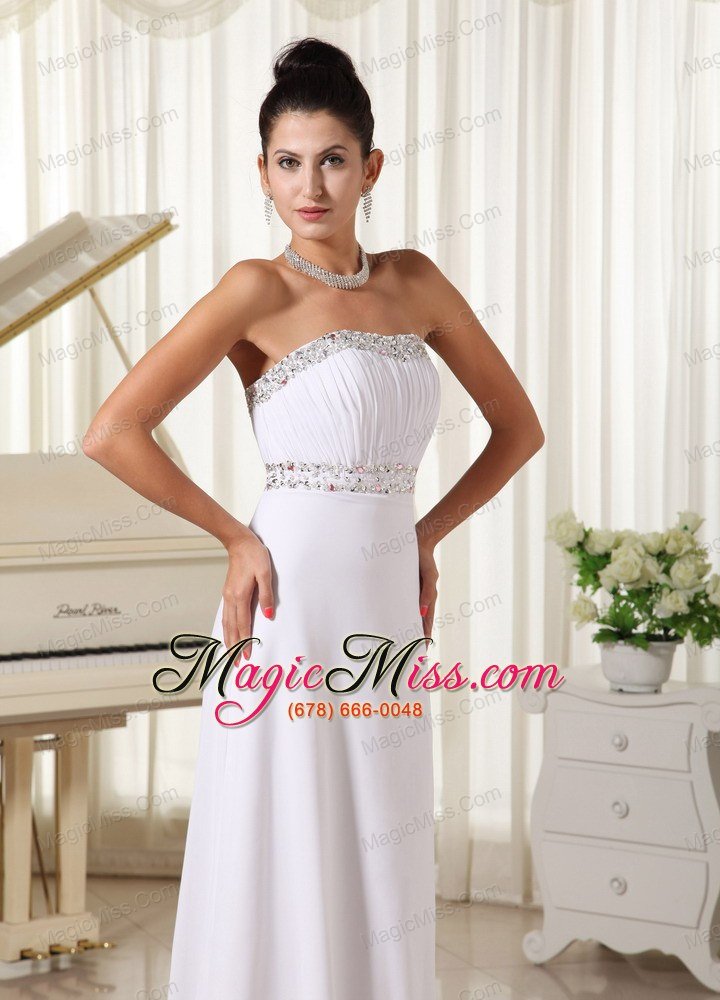 wholesale white prom dress and gown strapless beaded decorata bust brush train skirt