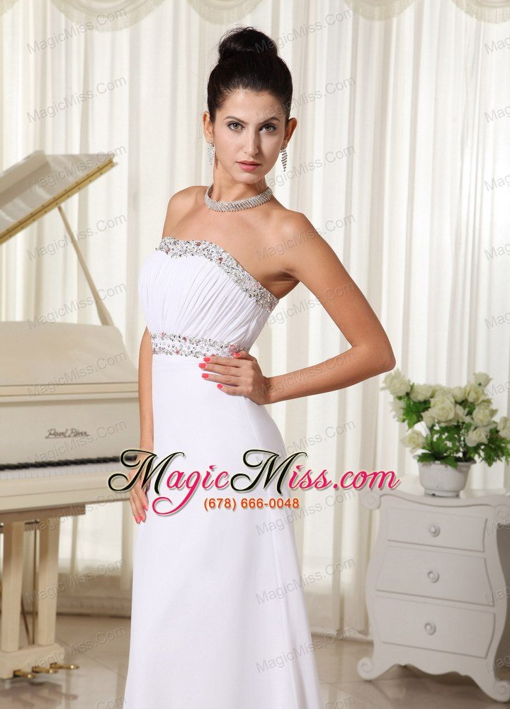 wholesale white prom dress and gown strapless beaded decorata bust brush train skirt