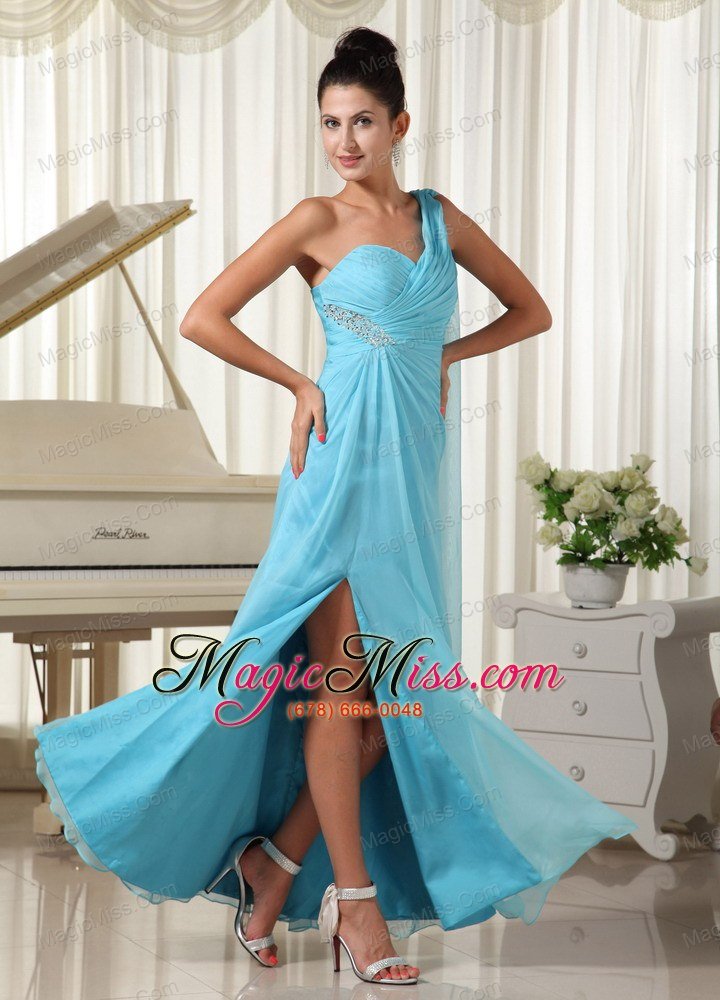 wholesale high slit aqua blue prom dress one shoulder chiffon watteau train in kansas