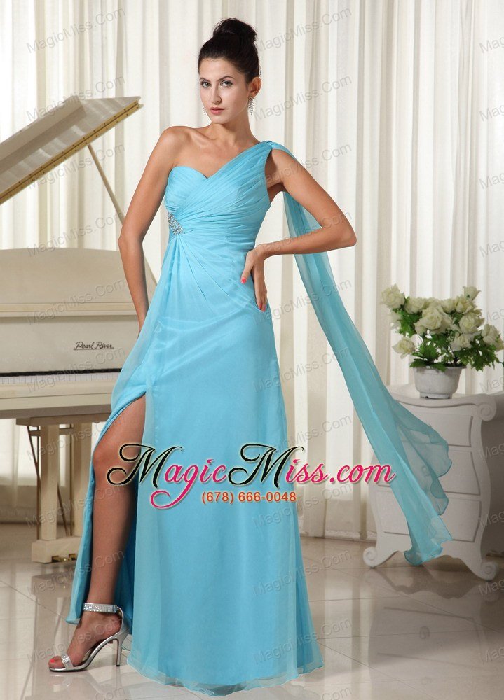 wholesale high slit aqua blue prom dress one shoulder chiffon watteau train in kansas