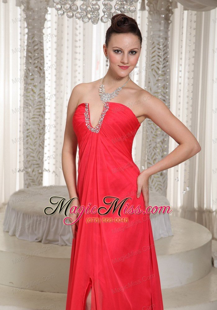 wholesale high slit red v-neck long prom dress with chiffon