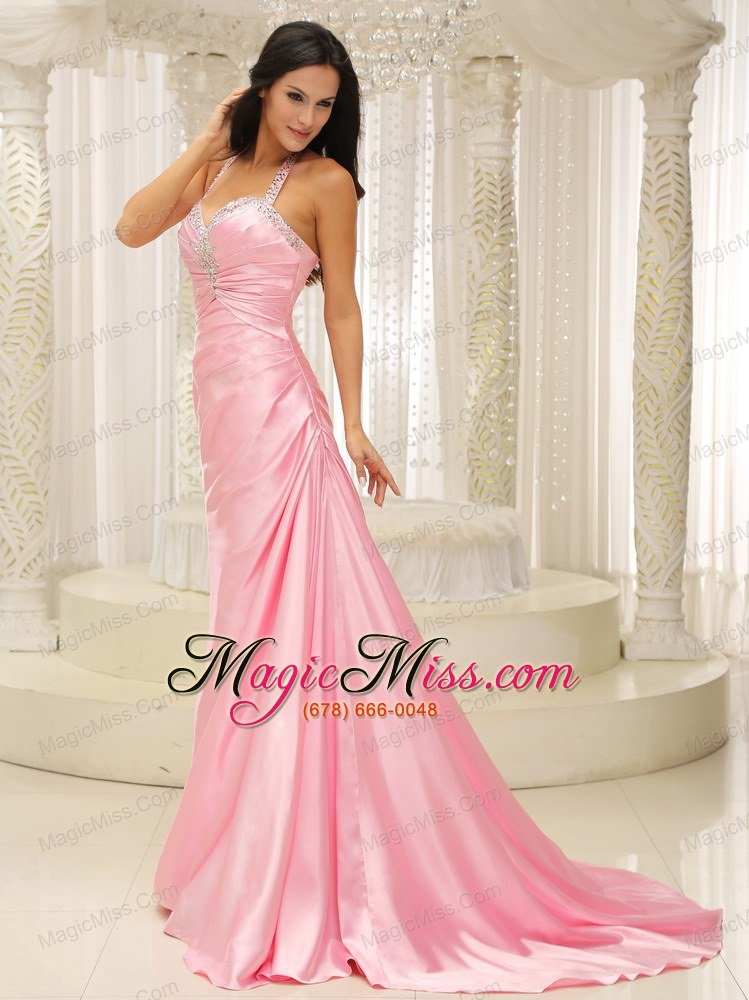 wholesale rose pink halter top ruched bodice for 2013 prom dress brush train in kansas