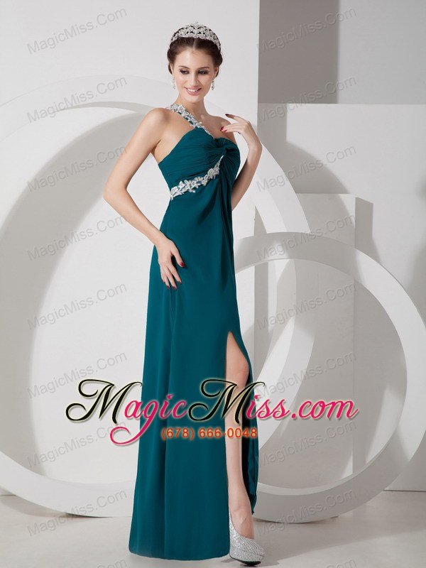 wholesale green empire one shoulder floor-length chiffon ruch and appliques prom dress