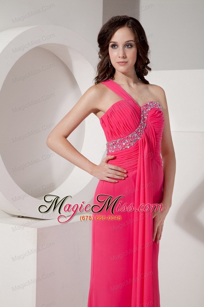 wholesale hot pink column one shoulder floor-length chiffon beading prom dress