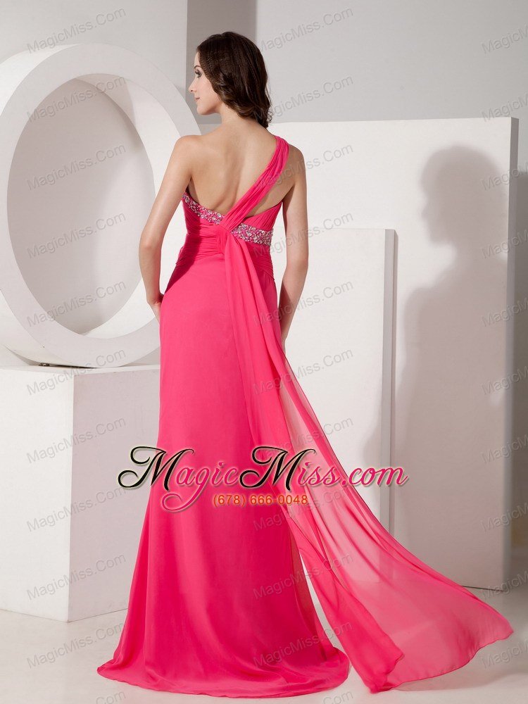wholesale hot pink column one shoulder floor-length chiffon beading prom dress