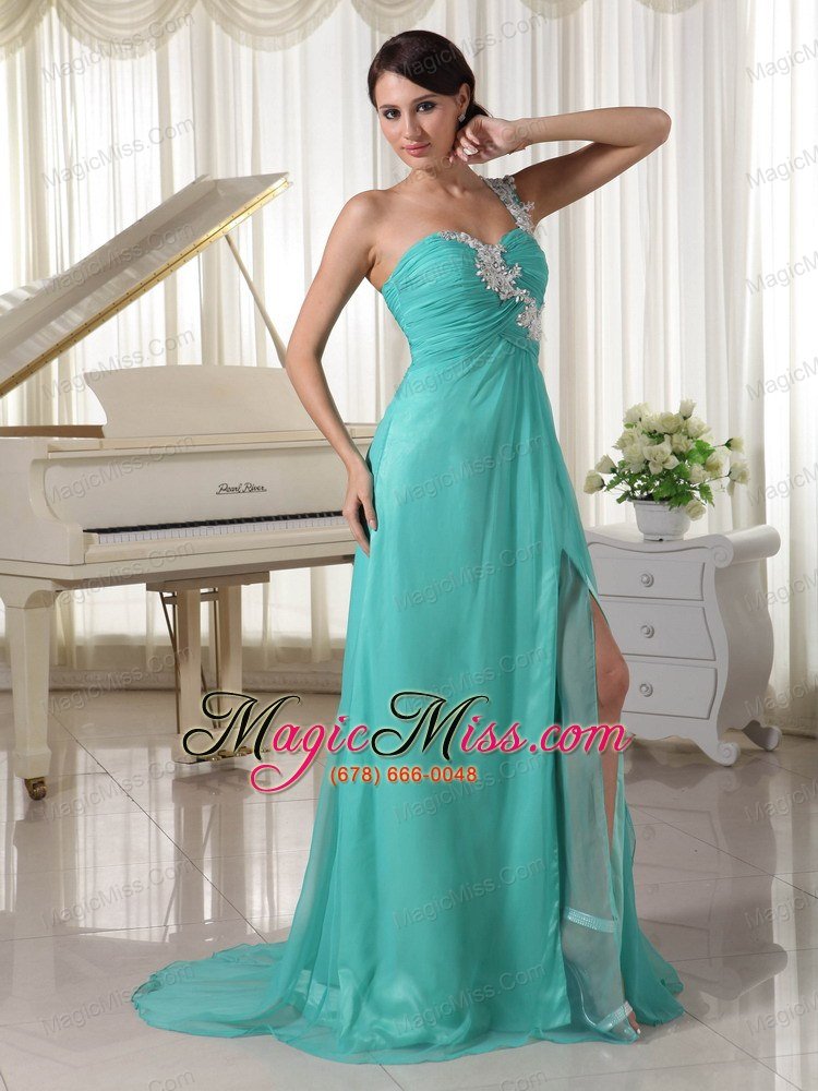 wholesale turquoise appliques decorate one shoulder and bust sexy prom dress with high slit chiffon and elastic woven satin brush train
