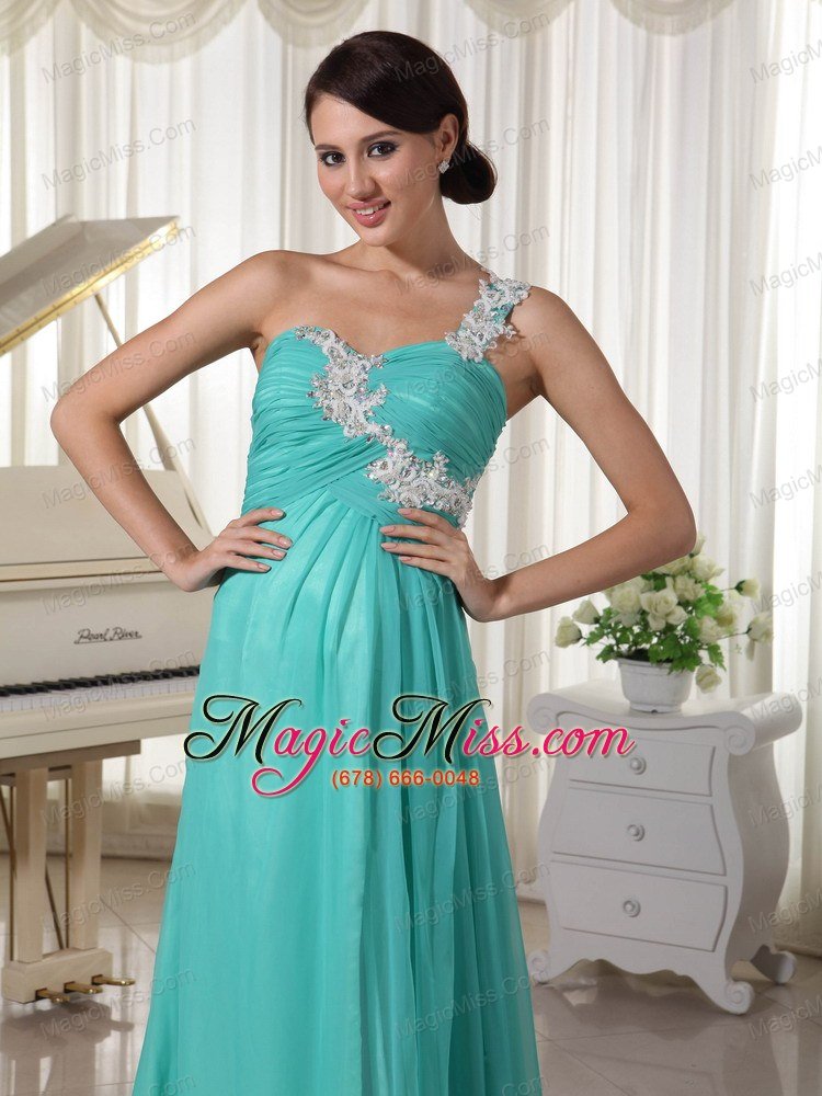wholesale turquoise appliques decorate one shoulder and bust sexy prom dress with high slit chiffon and elastic woven satin brush train