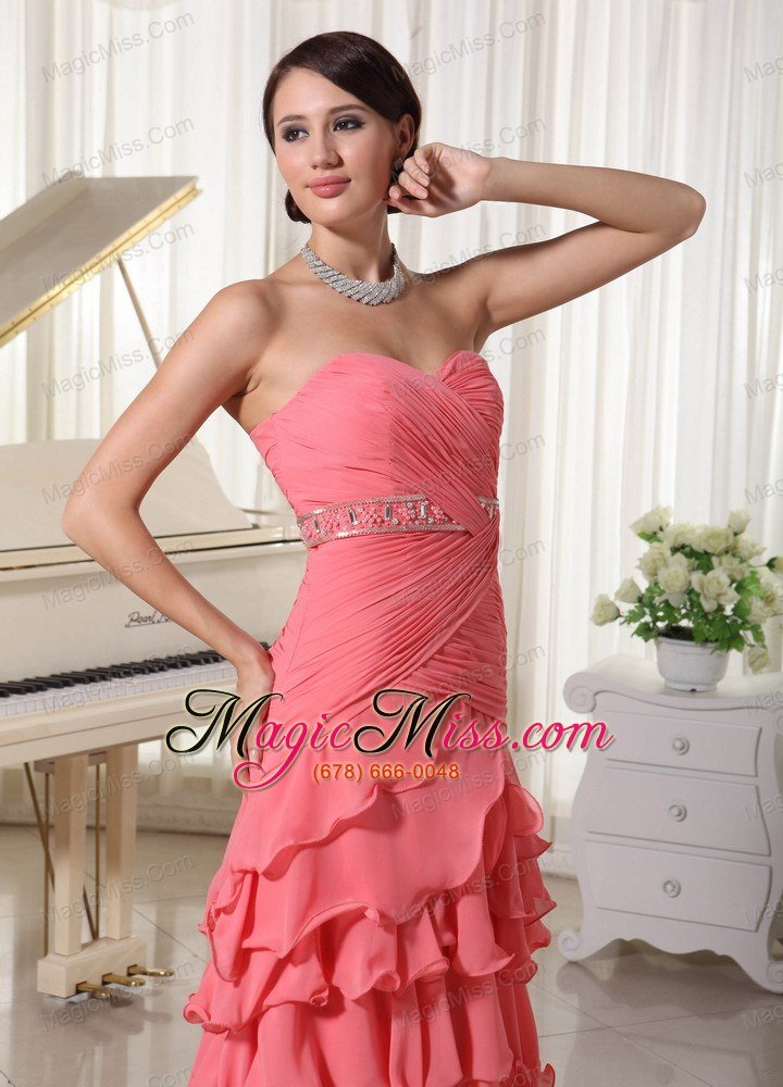 wholesale watermelon red chiffon layered column prom dress with sweetheart ruched up bodice and beading decorate waist