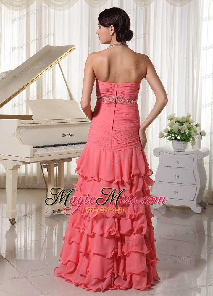 wholesale watermelon red chiffon layered column prom dress with sweetheart ruched up bodice and beading decorate waist