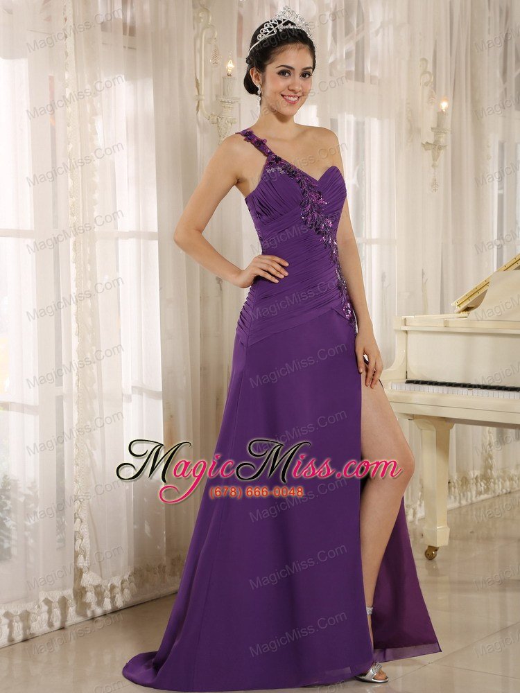 wholesale addison alaska high slit purple prom dress with sequins decorate shoulder