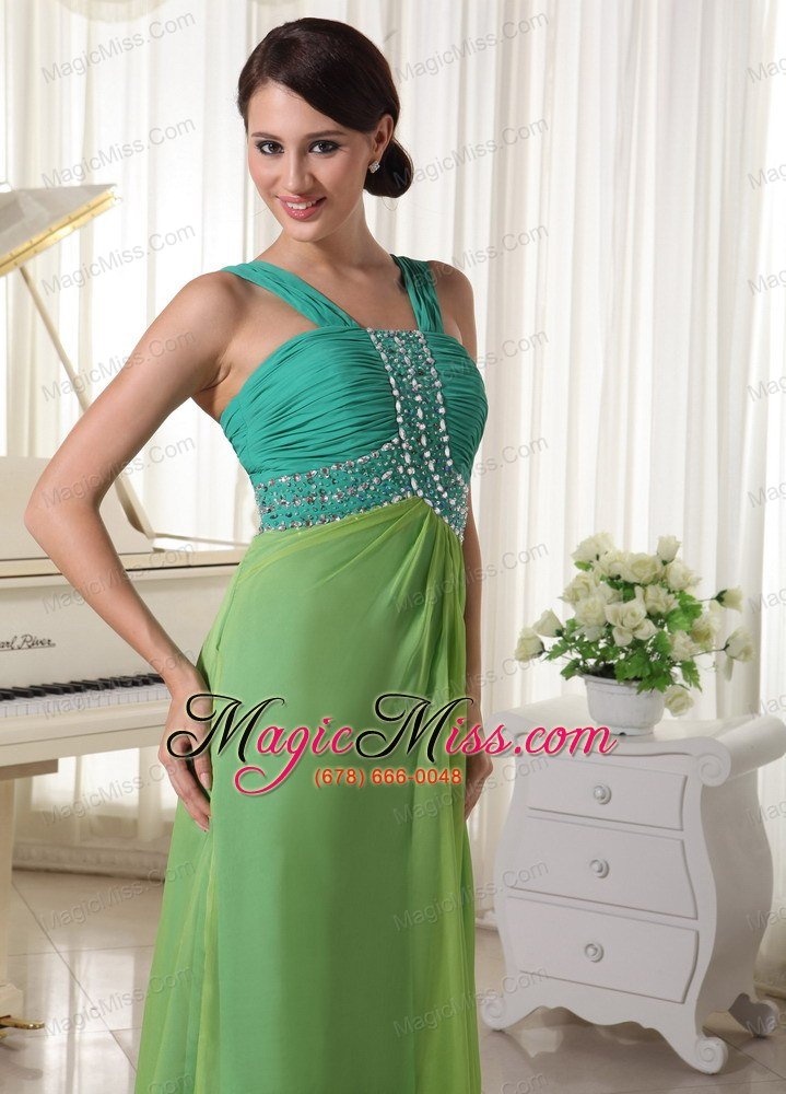 wholesale brush train chiffon straps beading and ruch prom dress teal and spring green