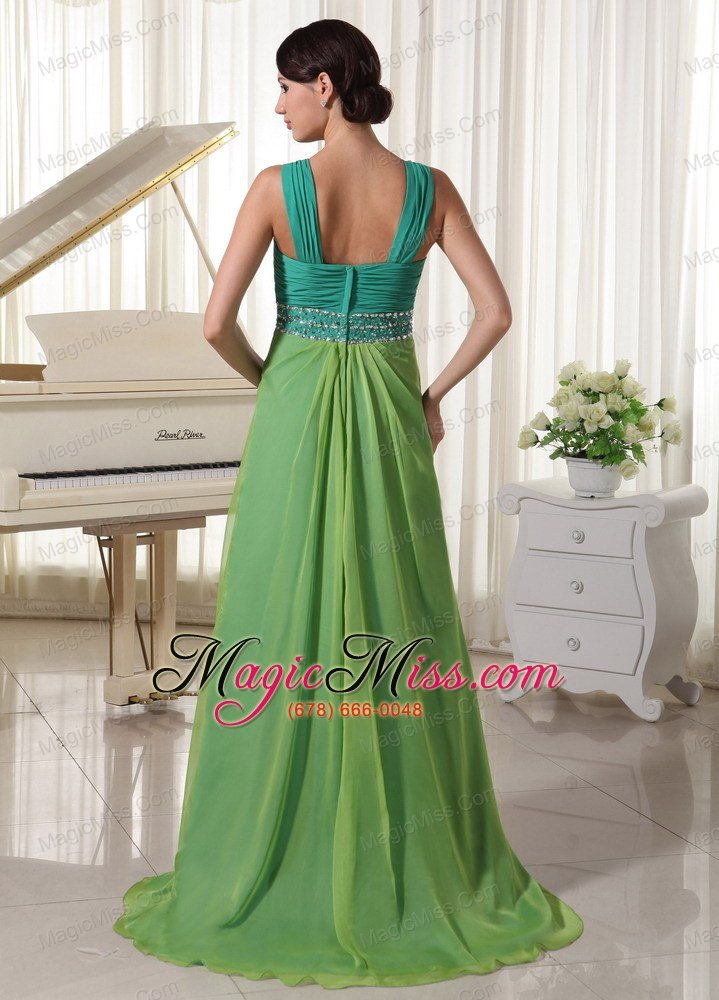 wholesale brush train chiffon straps beading and ruch prom dress teal and spring green