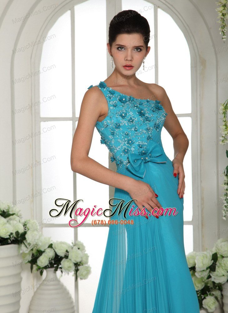 wholesale 2013 baby blue hand made flowers and ruch one shoulder prom gowns with brush train