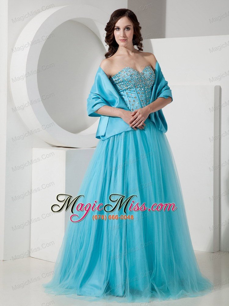 wholesale turquoise a-line / princess sweetheart floor-length tulle beading prom dress