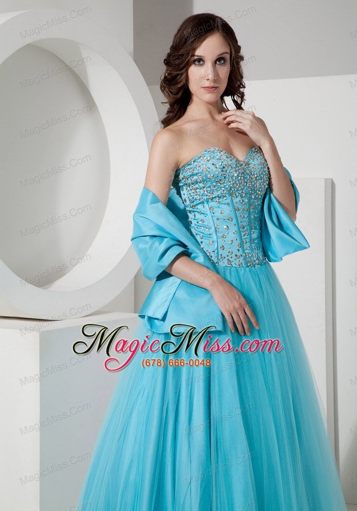 wholesale turquoise a-line / princess sweetheart floor-length tulle beading prom dress
