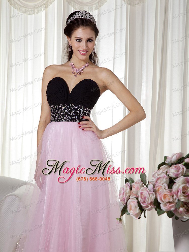 wholesale pink and black a-line sweetheart floor-length taffeta and tulle beading prom dress