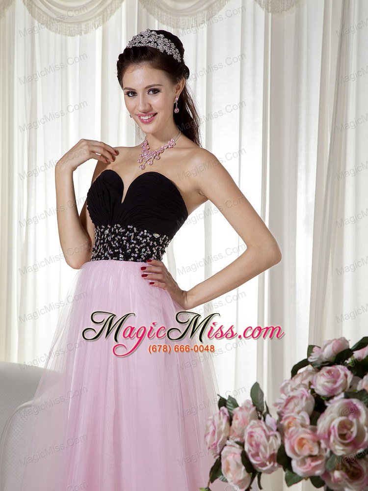 wholesale pink and black a-line sweetheart floor-length taffeta and tulle beading prom dress