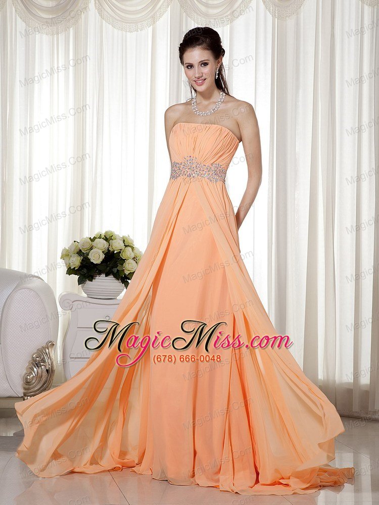 wholesale light orange empire strapless brush train chiffon beading and ruch prom / celebrity dress