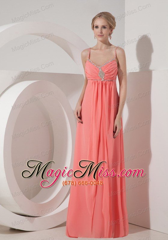 wholesale watermelon red empire straps floor-length chiffon beading prom dress