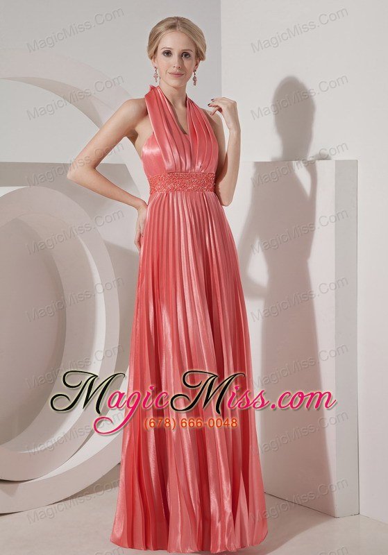 wholesale customize watermelon red evening dress column halter elastic woven satin beading floor-length