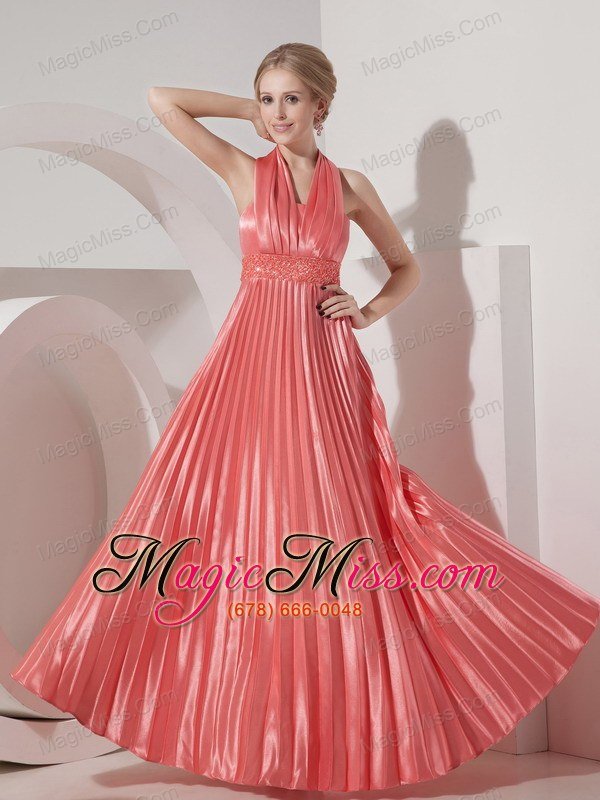 wholesale customize watermelon red evening dress column halter elastic woven satin beading floor-length