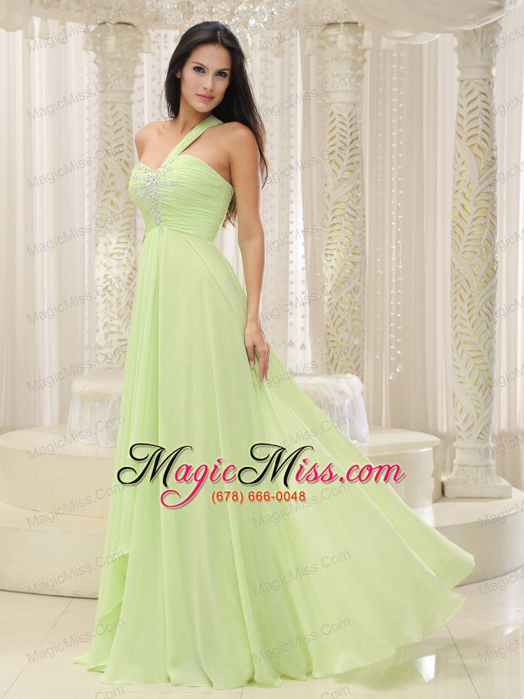 wholesale yellow green one shoulder and ruched bodice beaded decorate bust for 2013 prom dress