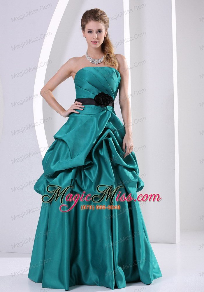 wholesale tuequoise a-line hand made flower belt and ruch prom / evening dress with pick-ups for prom party