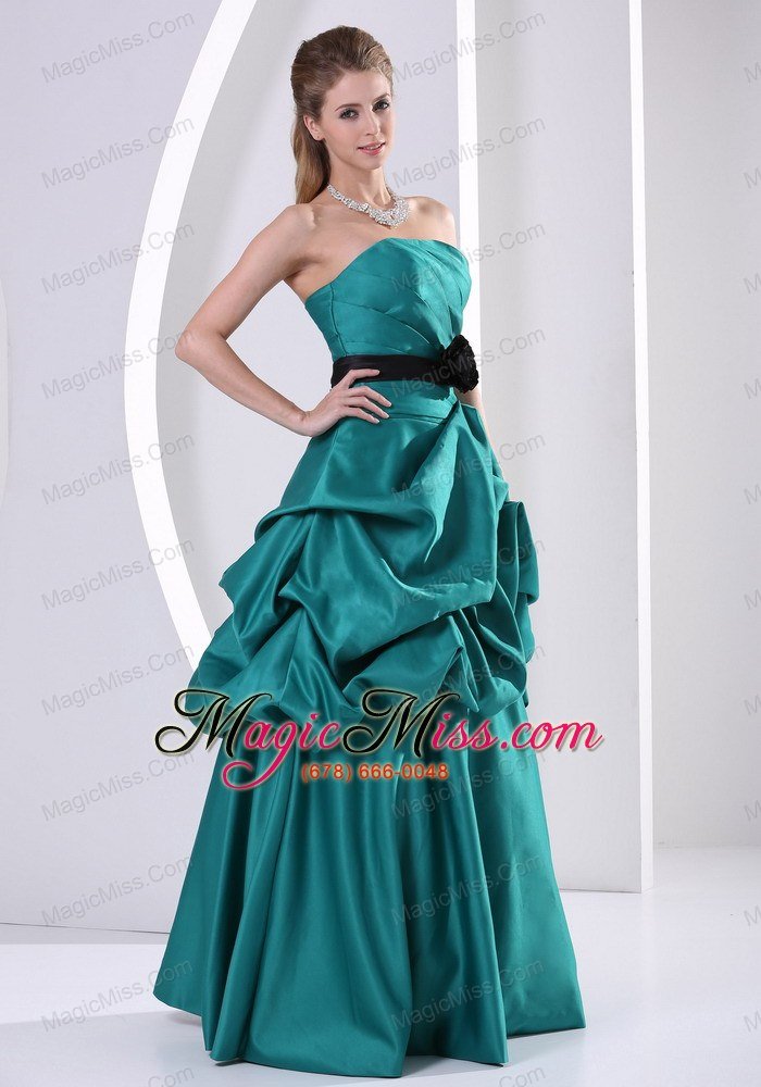 wholesale tuequoise a-line hand made flower belt and ruch prom / evening dress with pick-ups for prom party