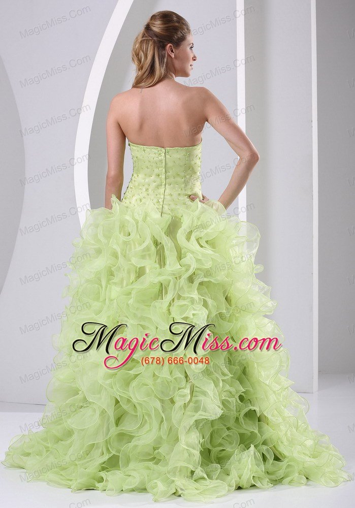 wholesale high slit beaded and ruffled yellow green brush train prom dress satin and organza