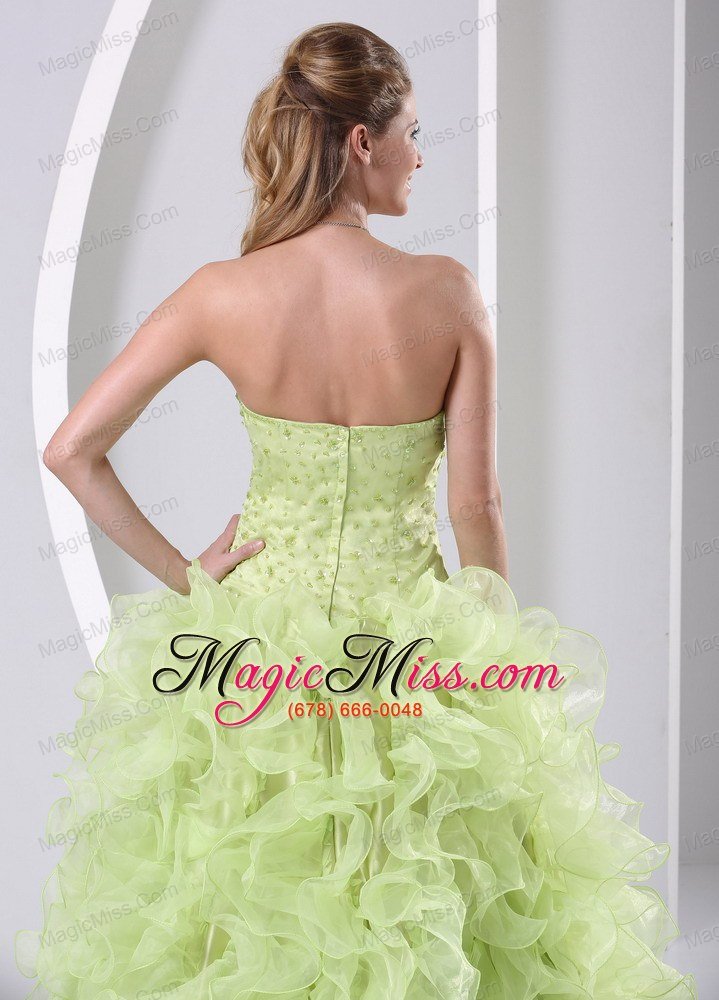 wholesale high slit beaded and ruffled yellow green brush train prom dress satin and organza