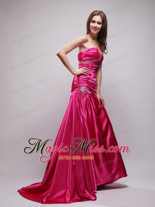 wholesale hot pink beading and ruch prom dress column sweetheart brush train
