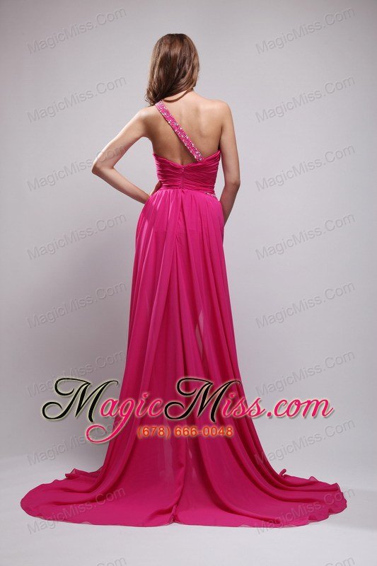 wholesale hot pink asymmetrical one shouleder brush train chiffon beading prom / evening dress
