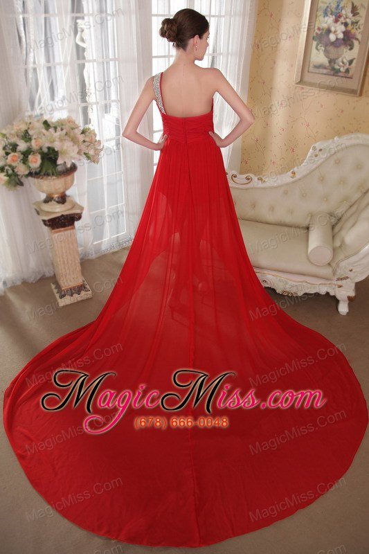 wholesale red empire one shoulder chapel train chiffon beading prom dress