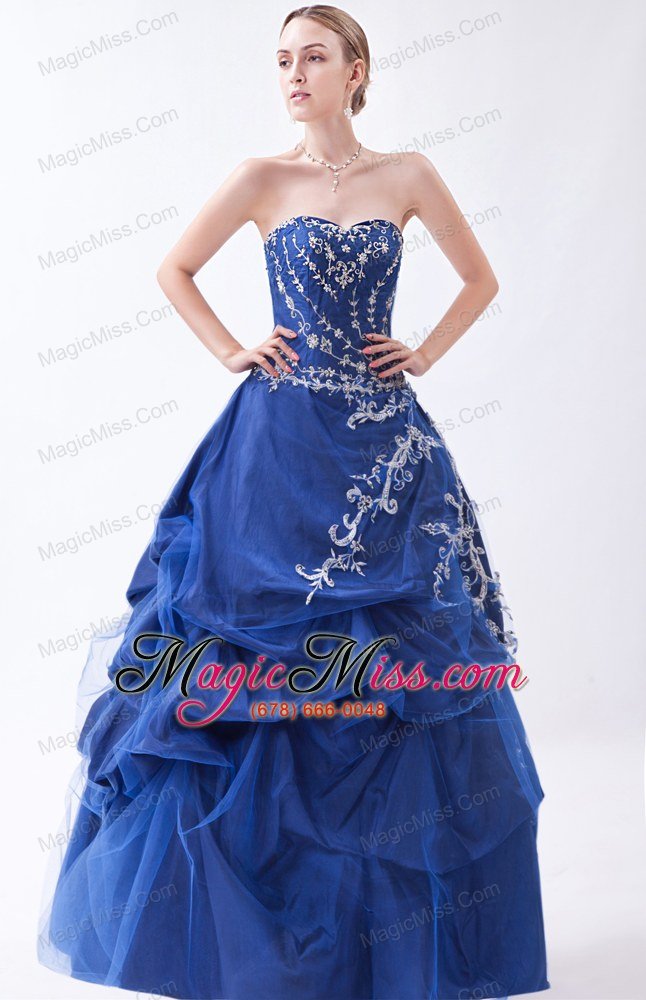 wholesale blue a-line strapless floor-length taffeta and tulle appliques prom dress