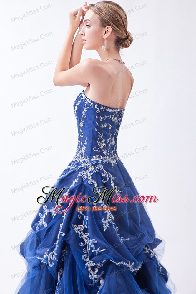 wholesale blue a-line strapless floor-length taffeta and tulle appliques prom dress