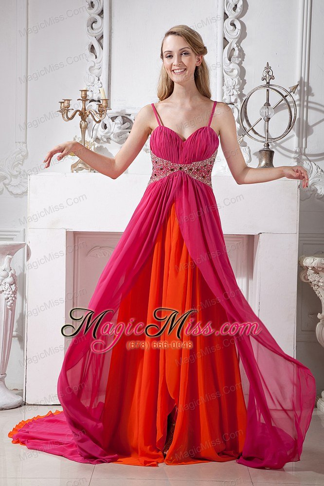 wholesale hot pink empire spaghetti straps brush train chiffon beading prom dress