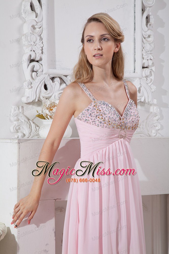 wholesale light pink straps chiffon prom dress with gold and silver beading