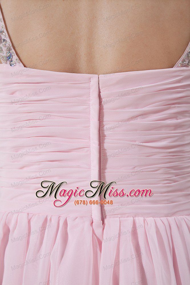 wholesale light pink straps chiffon prom dress with gold and silver beading