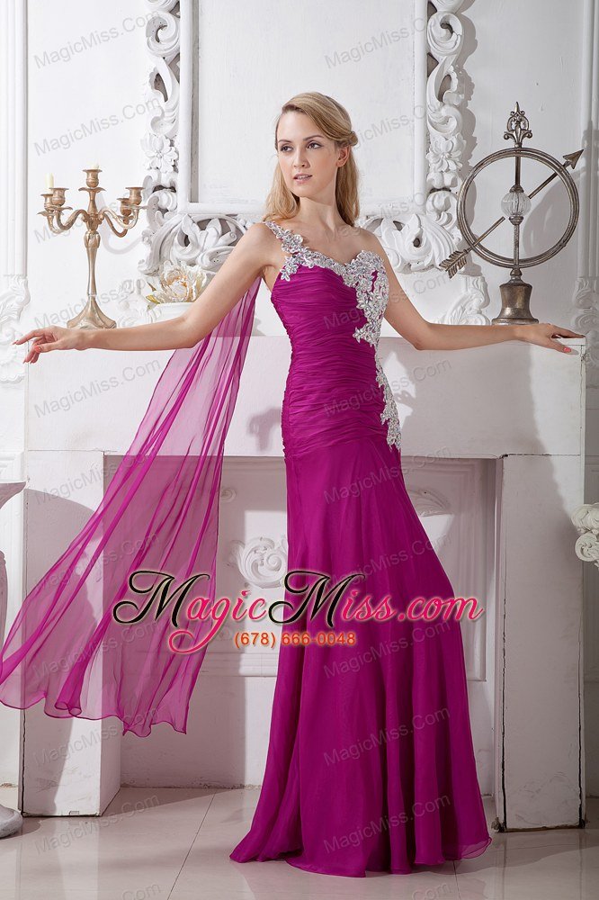 wholesale fuchsia empire one shoulder appliques prom dress floor-length chiffon and elastic woven satin