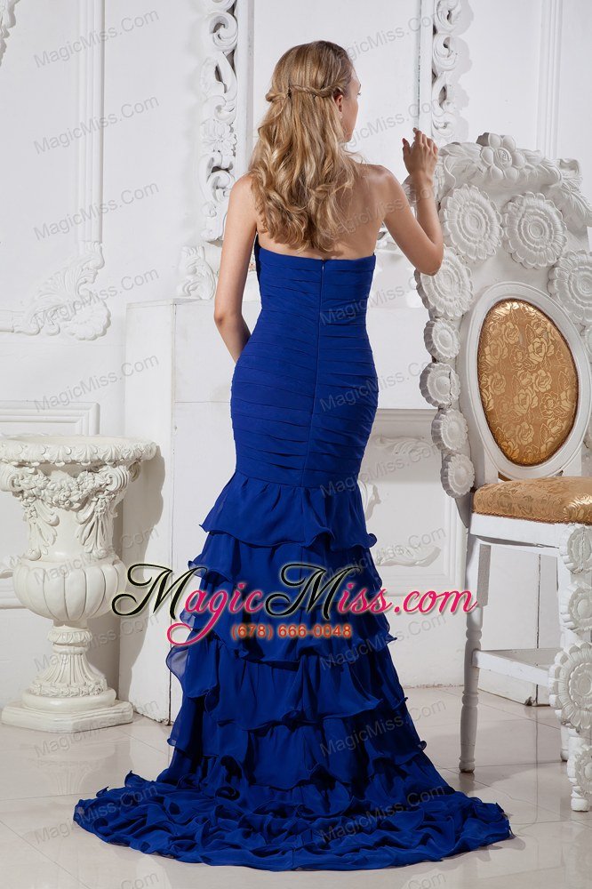wholesale blue mermaid sweetheart brush train chiffon beading and ruffles prom dress