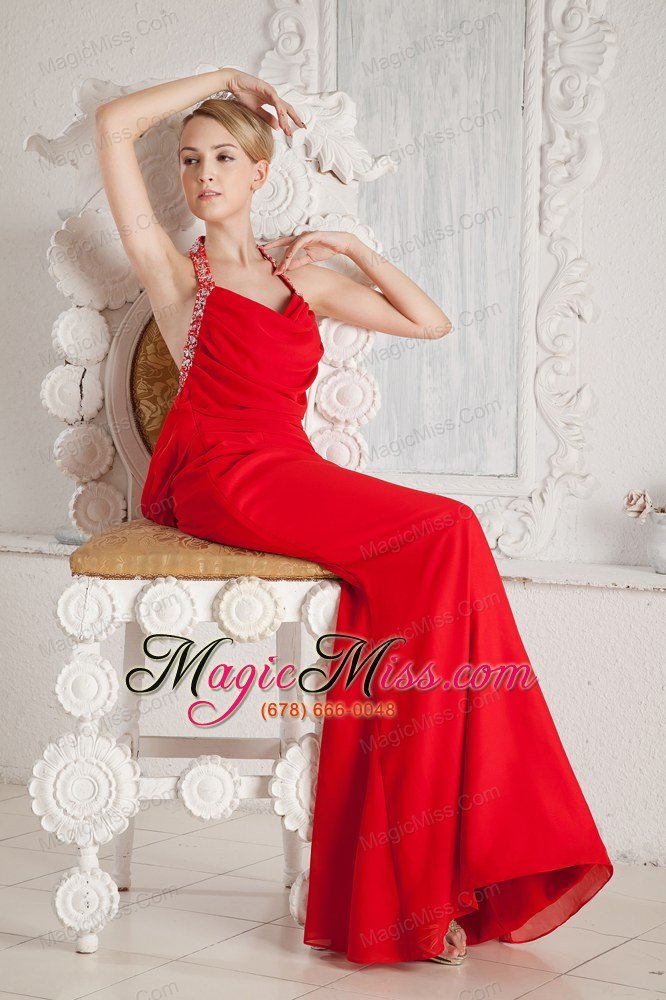 wholesale red mermaid halter ruch and beading prom dress floor-length chiffon